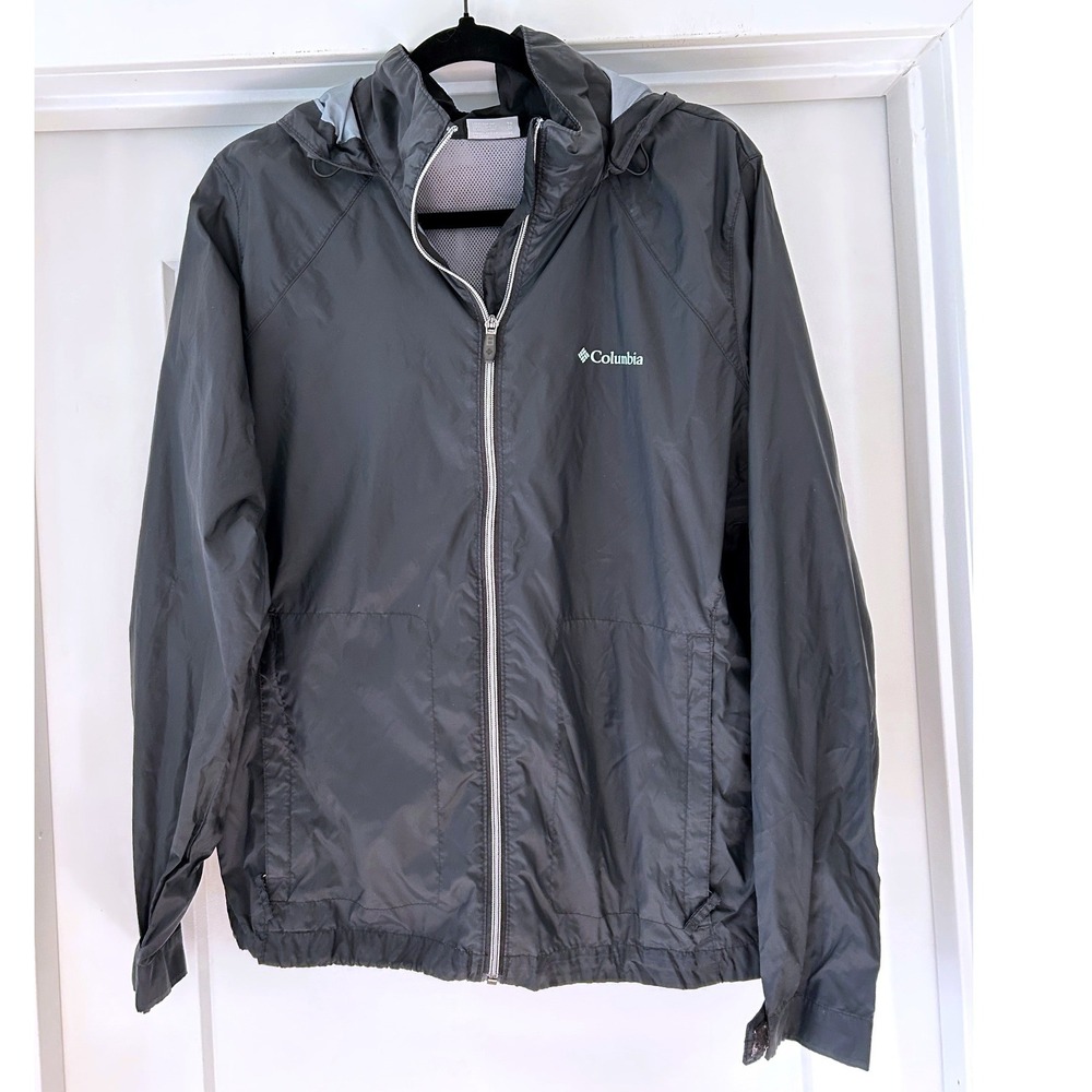 Columbia Kids XL Black Hooded Windbreaker Full Zip Mesh Lined Jacket Camping